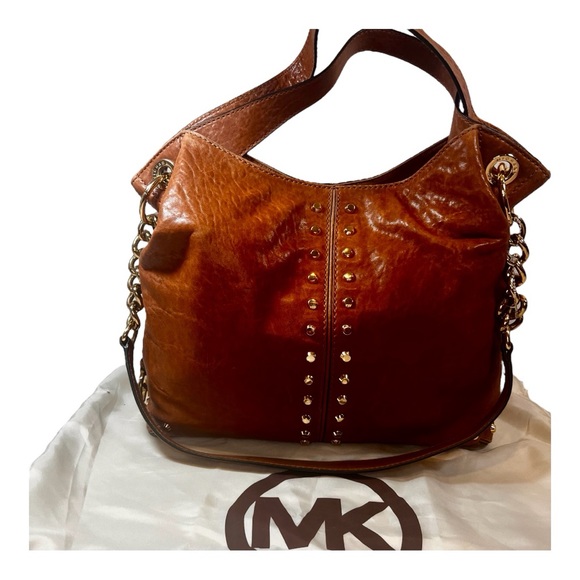 Vintage Michael Kors Vintage Cognac Brown Leather Gold Studs and Chain C… - Picture 9 of 12